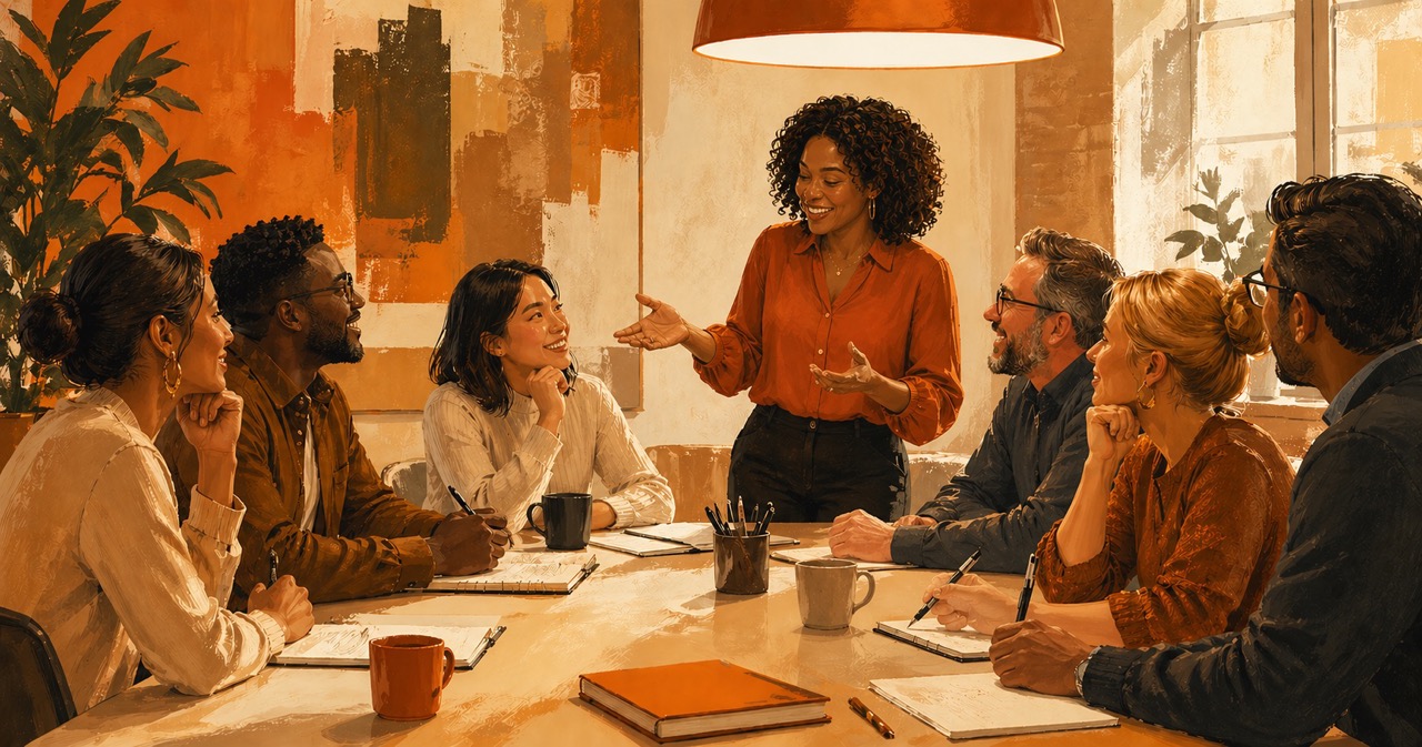 painted illustration of a diverse team around a boardroom table in a meeting, smiling